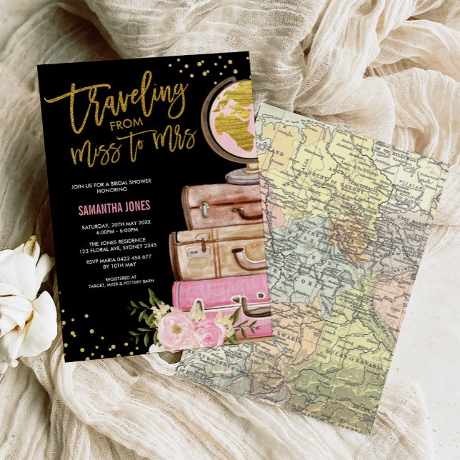 Invitation Fête des mariées de valises de voyage dans le mond (Créateur téléchargé)