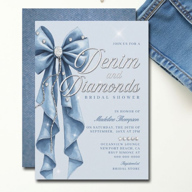 Invitation Fête des mariées de verre de script de Bow bleu de (denim and diamonds bridal shower ideas invitation elegant bow classy bling script blue white )