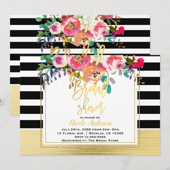 Invitation Fête des mariées de verre floral moderne Gold Scri (Devant / Derrière)