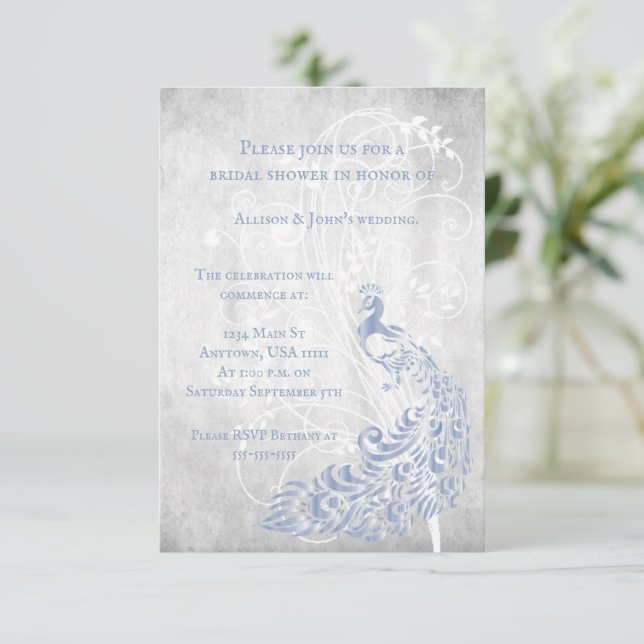 Invitation Fête des mariées de vigne bleu clair Peacock Leaf  (Debout devant)