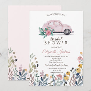 Invitation Fête des mariées de voiture rose fleur sauvage Mea