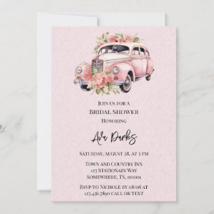 Invitation Fête des mariées de voiture rose Floral Vintage
