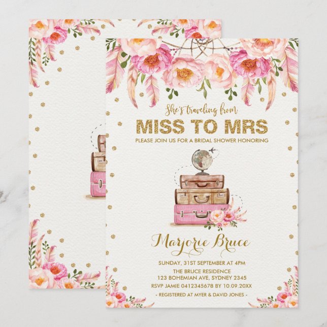 Invitation Fête des mariées de voyage Mlle à Mme Boho Blush F (Devant / Derrière)
