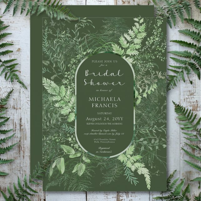 Invitation Fête des mariées d'émeraude de feuillage vert de f (Rustic Fern Green Foliage Emerald Bridal Shower Invitation)