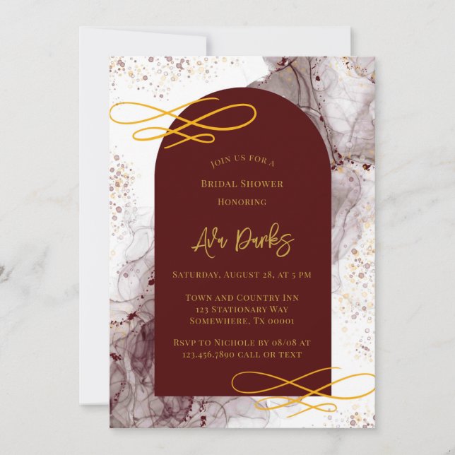 Invitation Fête des mariées d'encre d'alcool Bourgogne et or (Devant)