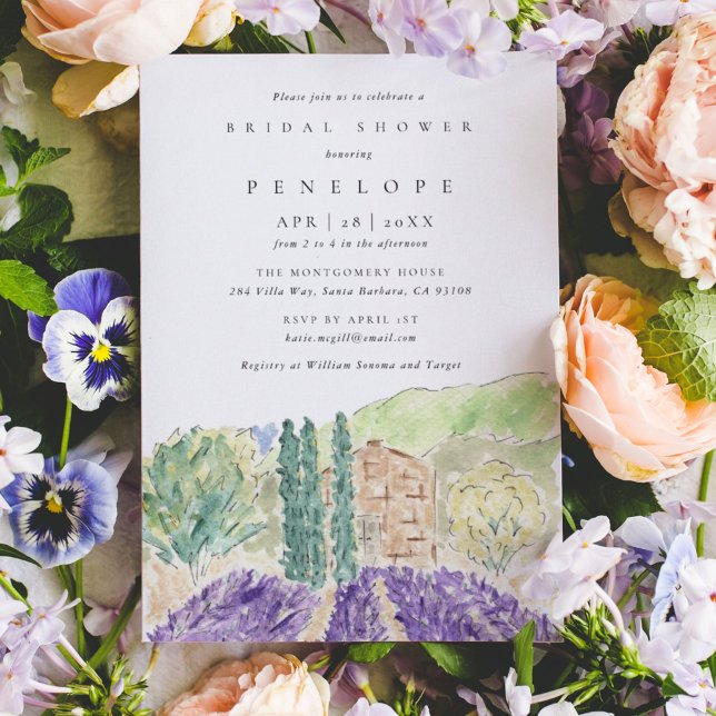 Invitation Fête des mariées des champs de lavande aquarelle (Watercolor lavender fields wedding bridal shower invitation.)