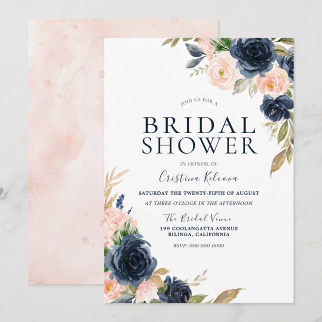 Invitation Fête des mariées des fleurs de pêche Blush & Navy (Devant / Derrière)