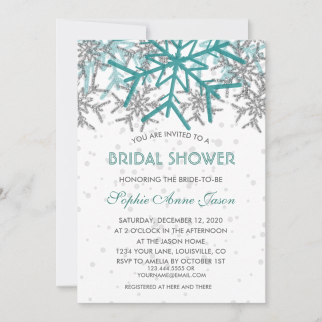 Invitation Fête des mariées des flocons de neige turquoise en (Devant)