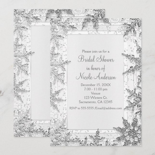 Invitation Fête des mariées des flocons d'hiver blancs et arg (Devant / Derrière)