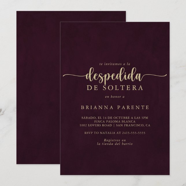 Invitation Fête des mariées d'Espagne en Bourgogne d'or (Devant / Derrière)