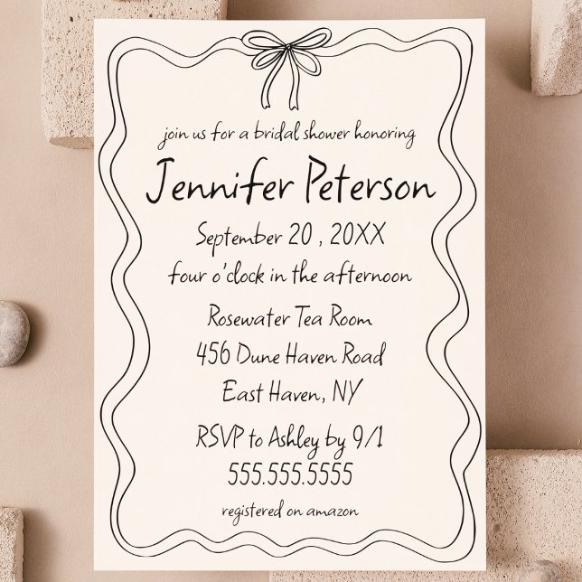 Invitation Fête des mariées d'esquisse de Doodle tirée à la m (coquette ribbon bow hand drawn quirky eclectic whimsical bridal shower invitation black and white )
