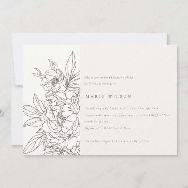 Invitation Fête des mariées d'esquisse florale Brown minimale (Devant)