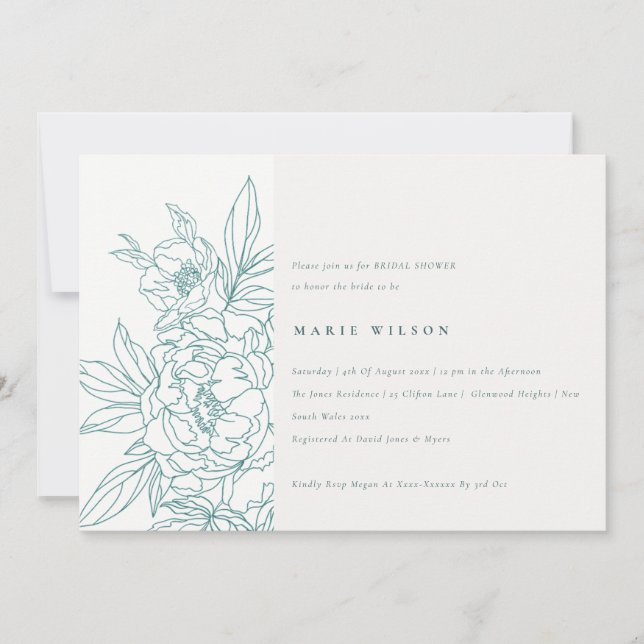 Invitation Fête des mariées d'esquisse florale Turquoise mini (Devant)