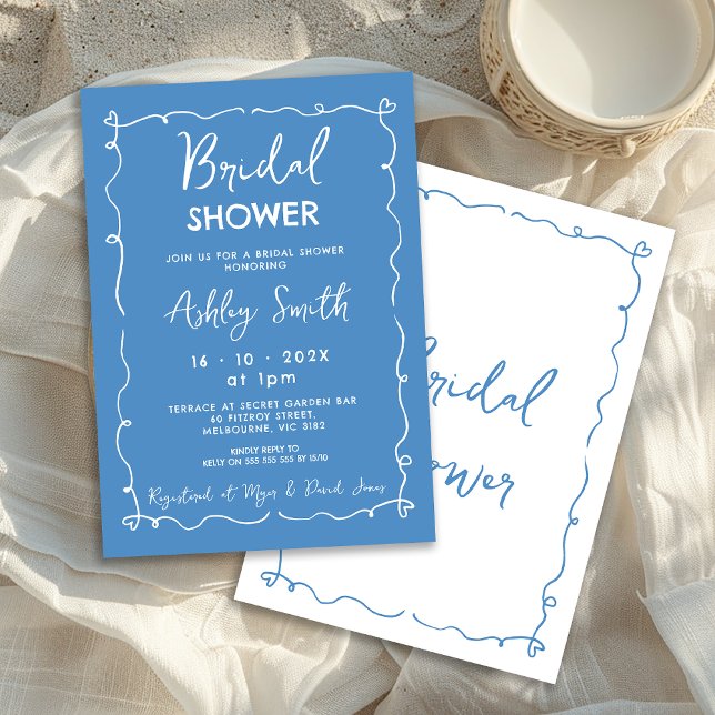 Invitation Fête des mariées dessinée main bleue lunaire (Whimsical Blue Hand Drawn Bridal Shower Invitation, Doodle, White on Blue, Whimsical Bridal Shower)