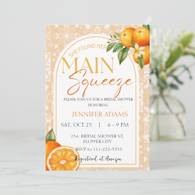 Invitation Fête des mariées d'été Squeeze Citrus Orange (Debout devant)