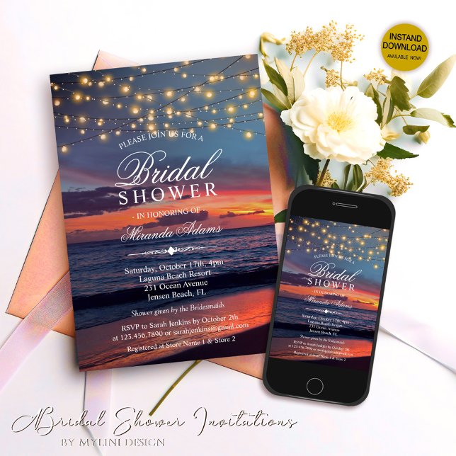 Invitation Fête des mariées d'été Sunset Beach String Lights (Créateur téléchargé)