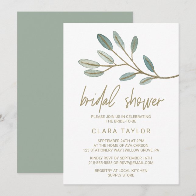 Invitation Fête des mariées d'eucalyptus à veines d'or (Devant / Derrière)