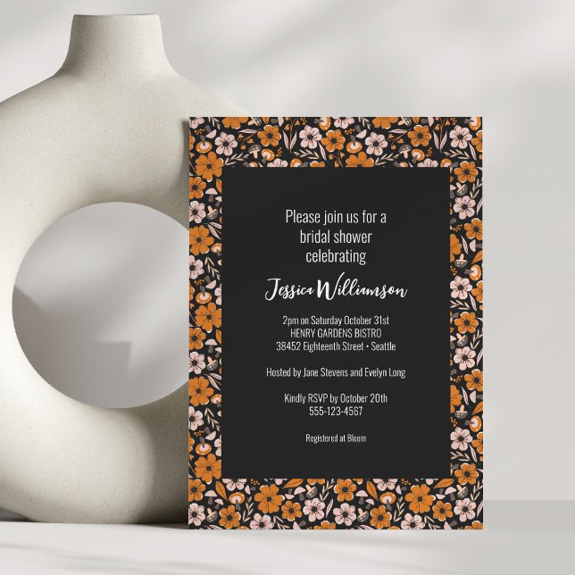 Invitation Fête des mariées d'Halloween florale noire et oran (Créateur téléchargé)