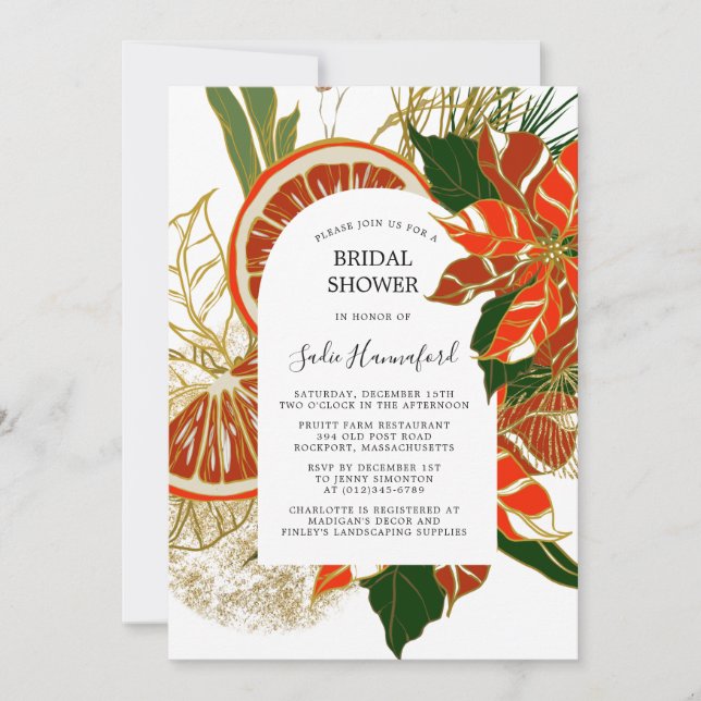 Invitation Fête des mariées d'hiver de Poinsettia Citrus Gold (Devant)