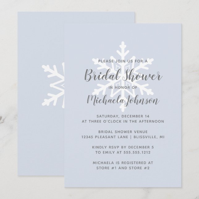 Invitation Fête des mariées d'hiver Dusty Blue Snowflake (Devant / Derrière)