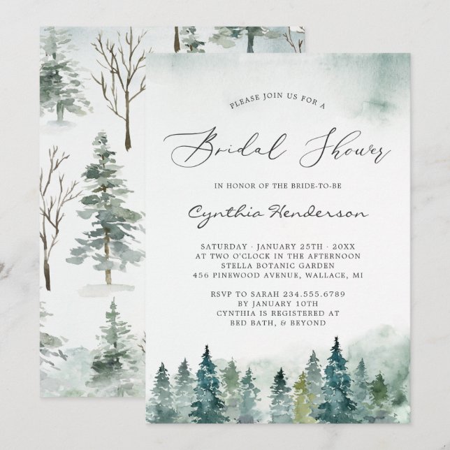 Invitation Fête des mariées d'hiver Élégant arbre à pin (Devant / Derrière)