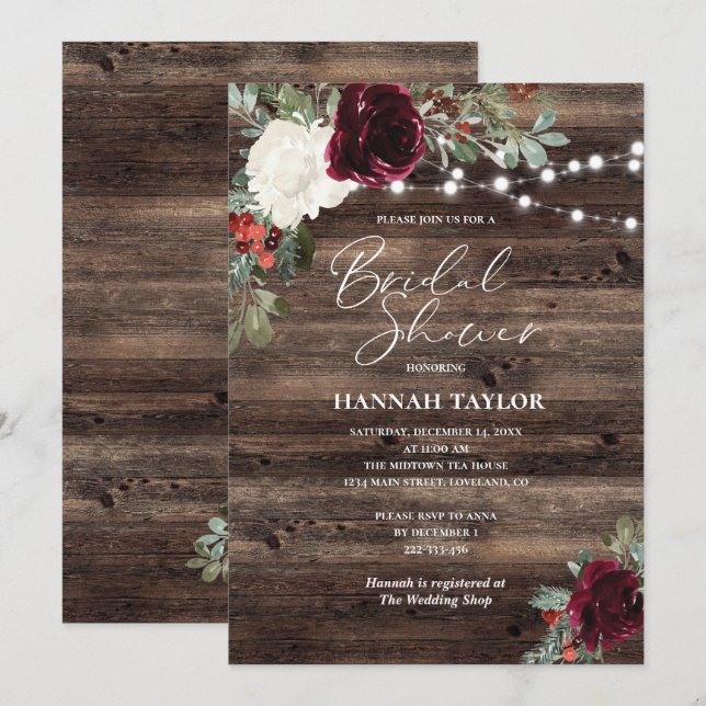 Invitation Fête des mariées d'hiver en bois de Noël rustique (Devant / Derrière)