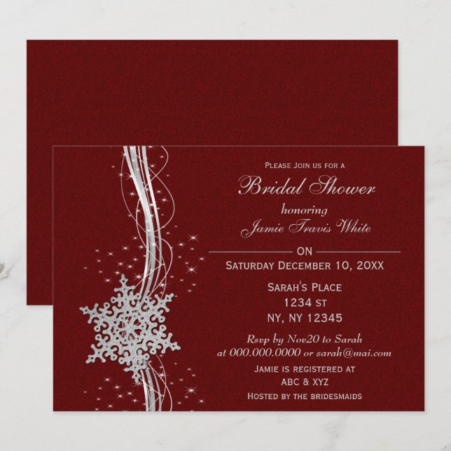 Invitation Fête des mariées d'hiver Snowflake argent rouge In (Devant / Derrière)