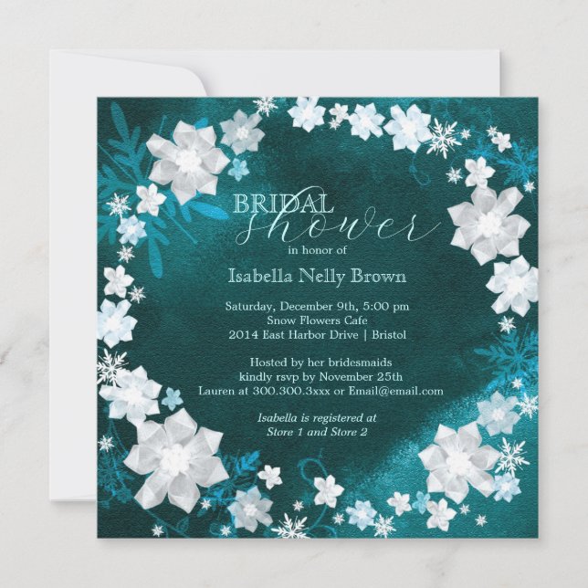 Invitation Fête des mariées d'hiver Turquoise de couronnes fl (Devant)