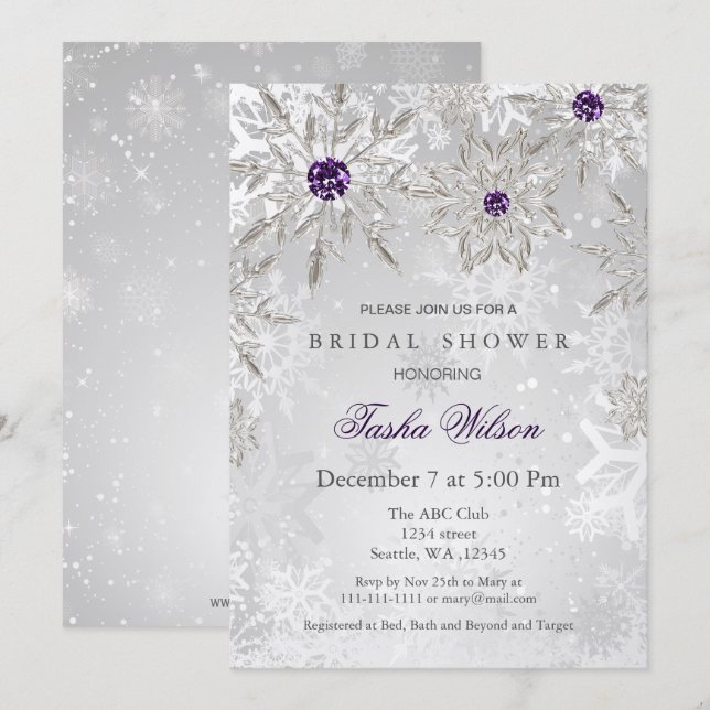 invitation Fête des mariées d'hiver violet argent (Devant / Derrière)