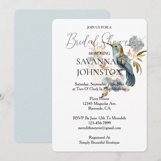 Invitation Fête des mariées d'Hydrangea de colibri blanc (Devant / Derrière)