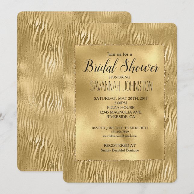 Invitation Fête des mariées d'impression Gold Glitz Zebra (Devant / Derrière)