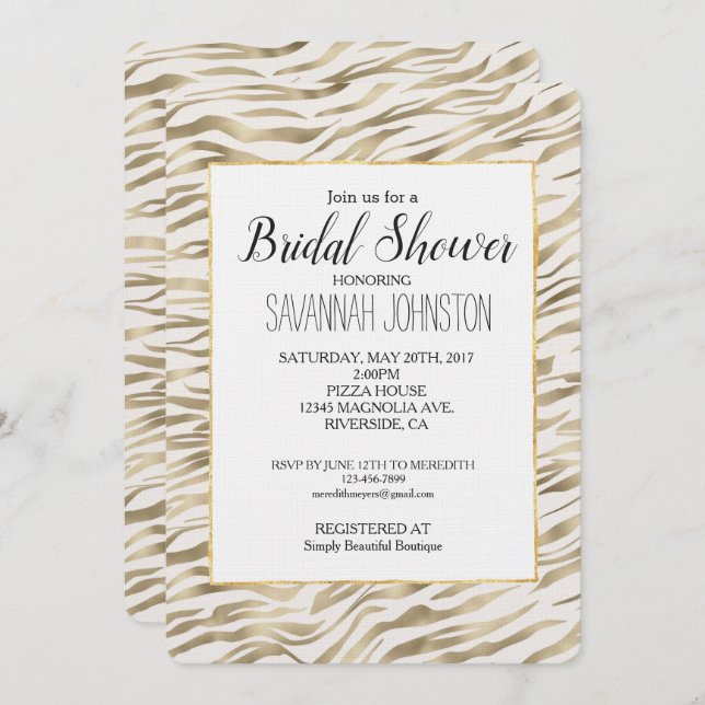Invitation Fête des mariées d'impression Gold Zebra (Devant / Derrière)