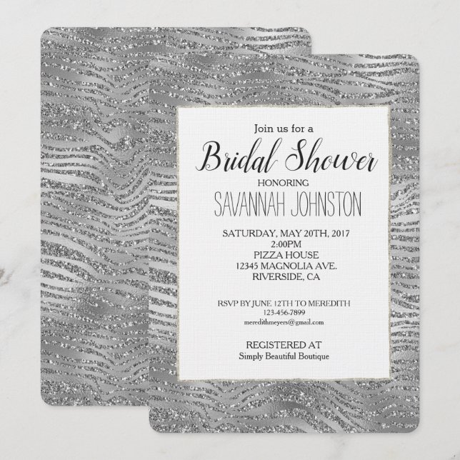 Invitation Fête des mariées d'impression Silver Glitz Zebra (Devant / Derrière)