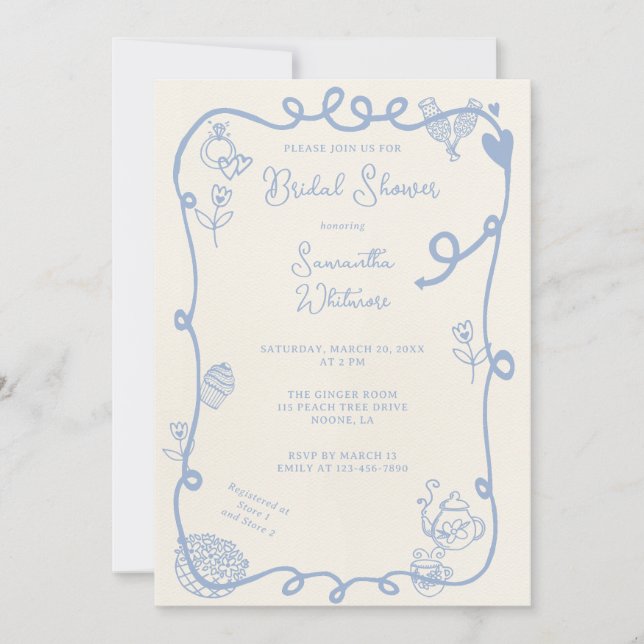 Invitation Fête des mariées Doodle de la scène Indigo Washed (Devant)
