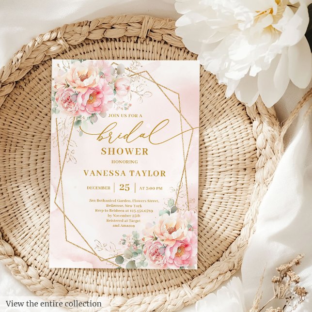 Invitation Fête des mariées d'or Boho Blush Rose (Stylish Boho Blush Pink Roses Gold Bridal Shower Card)