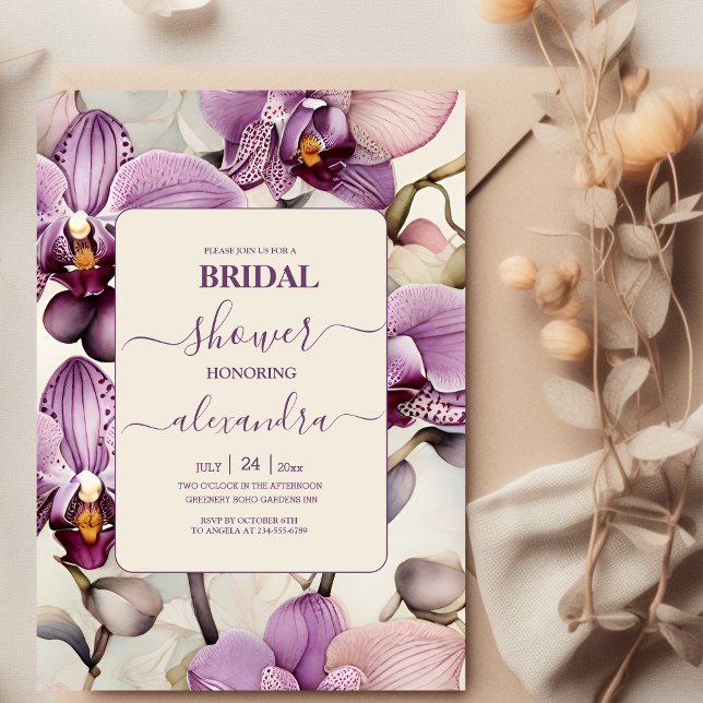 Invitation Fête des mariées d'orchidée pourpre aquarelle (Créateur téléchargé)