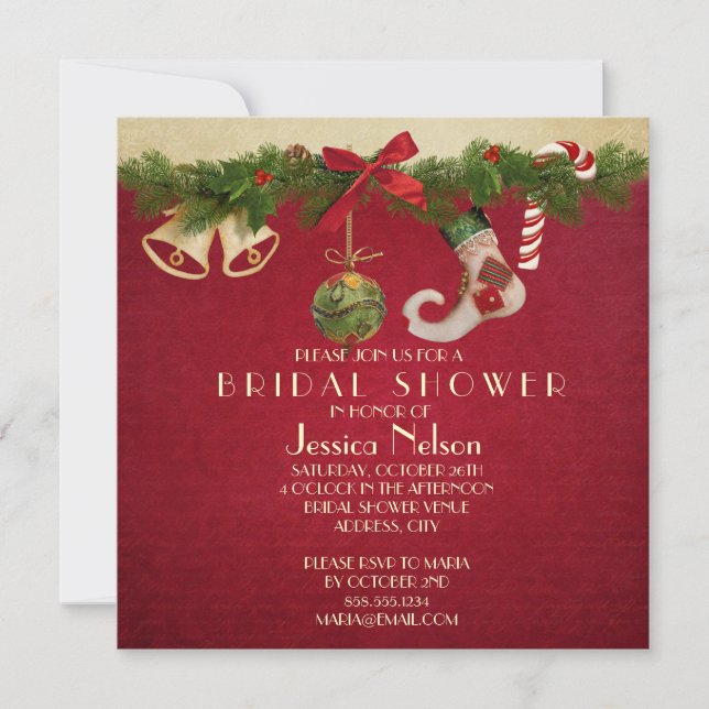 Invitation Fête des mariées d'ornements de Noël au ruban roug (Devant)