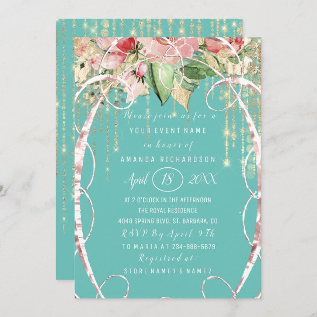 Invitation Fête des mariées Douce 16e Rose Florals Aqua (Devant / Derrière)