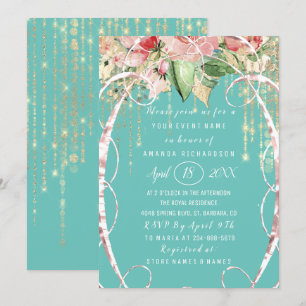 Invitation Fête des mariées Douce 16e Rose Florals Aqua