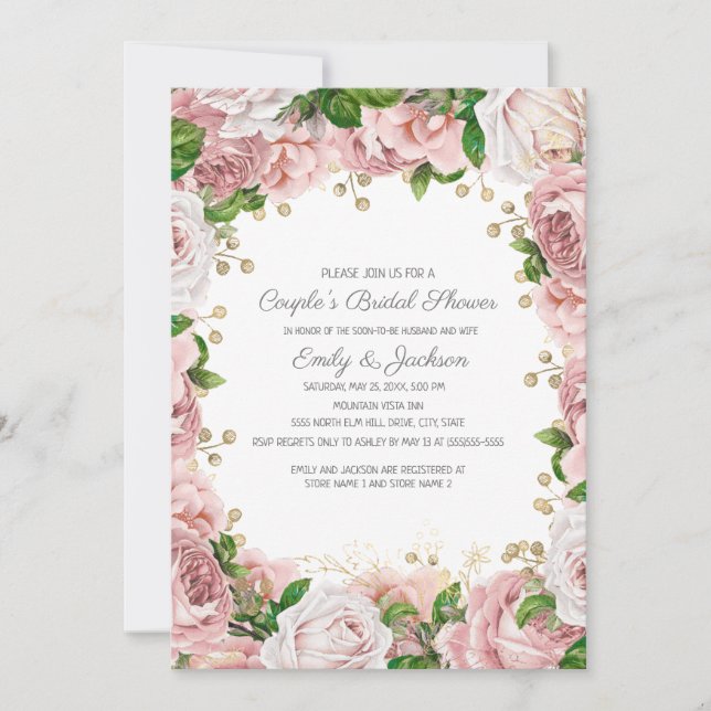 Invitation Fête des mariées du couple floral rose-rose (Devant)