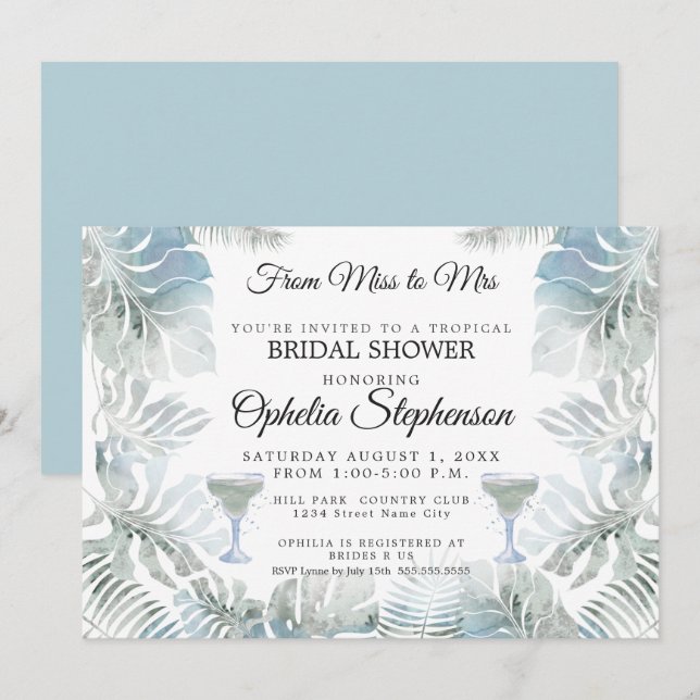 Invitation Fête des mariées Dusty Blue Aquarelle Tropical Lea (Devant / Derrière)