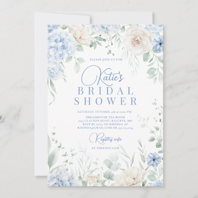 Invitation Fête des mariées Dusty Blue Hydrangeas (Devant)