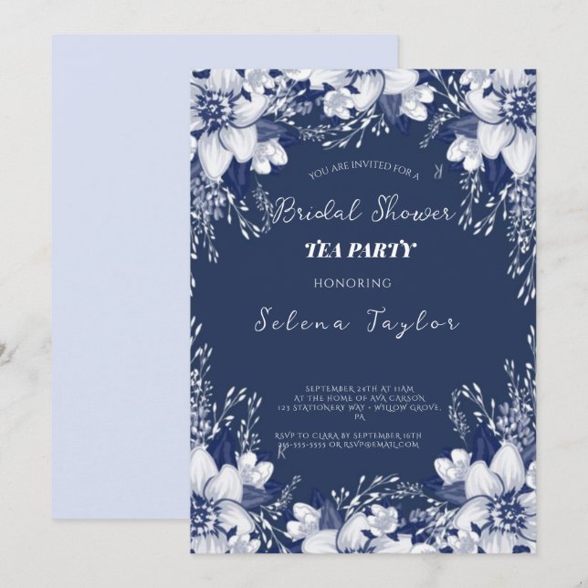 Invitation Fête des mariées Dusty Blue Tea Party (Devant / Derrière)