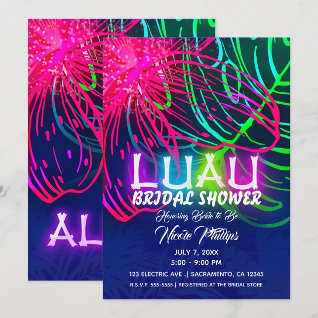 Invitation Fête des mariées électrique Luau Tropical Night Ne (Devant / Derrière)