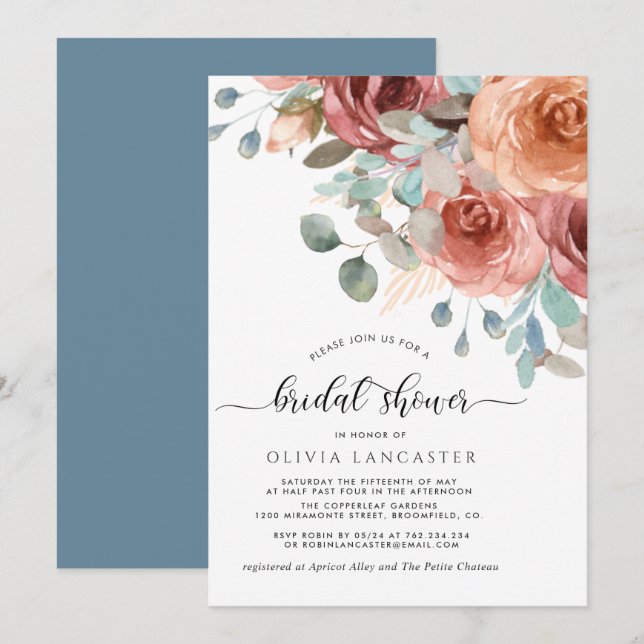 Invitation Fête des mariées, Elegant Dusty Bleu et Flore Blus (Devant / Derrière)