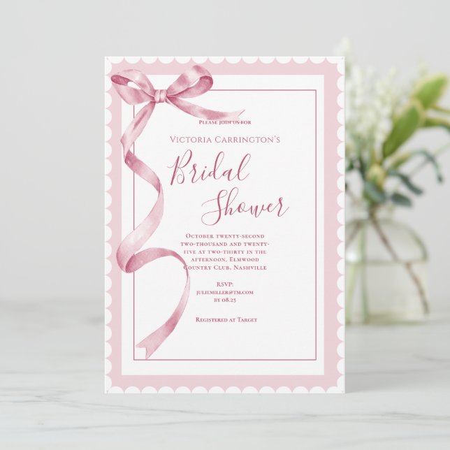 Invitation Fête des mariées élégante au ruban rose (Debout devant)