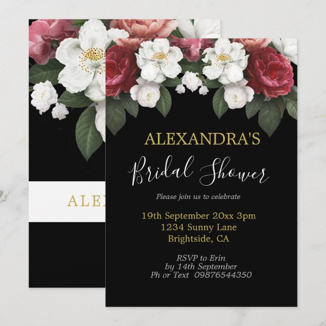Invitation Fête des mariées Elégante Bourgogne Rose Black Chi (Devant / Derrière)