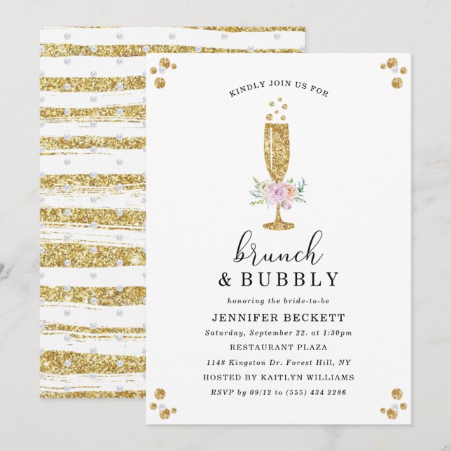 Invitation Fête des mariées élégante Brunch & Bubbly (Devant / Derrière)