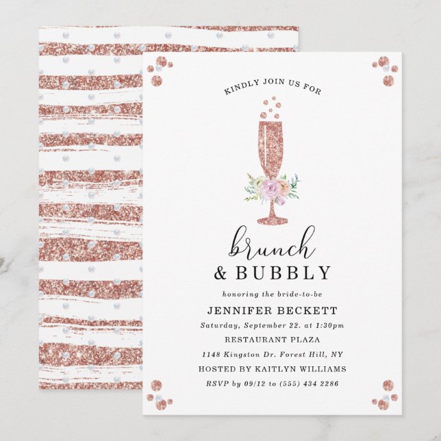 Invitation Fête des mariées élégante Brunch & Bubbly (Devant / Derrière)