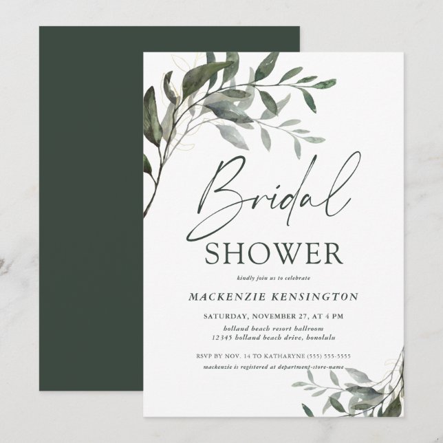 Invitation Fête des mariées élégante chic Eucalyptus Gold (Devant / Derrière)